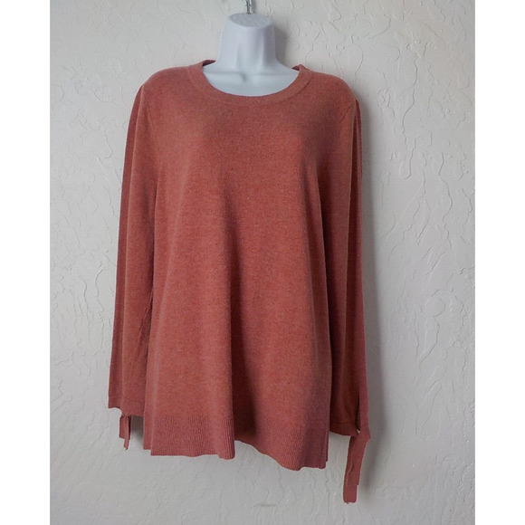 LOFT Wool Blend Pink Knit Tunic Sweater Lace Tie Cuffs Women size XL Round Neck - Picture 3 of 10